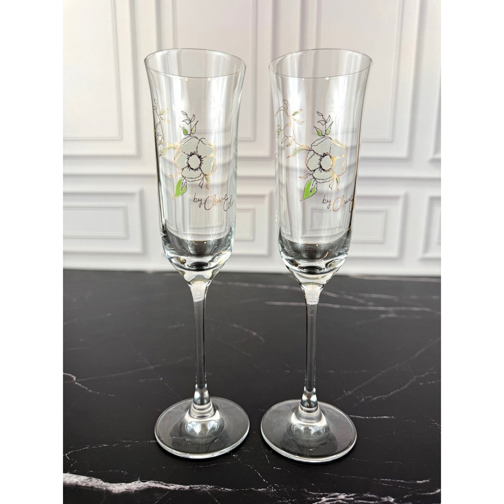 VTG PAIR (2) Claire Coles Pierre Jouet Anemone Floral 8.5" Champagne Flutes
